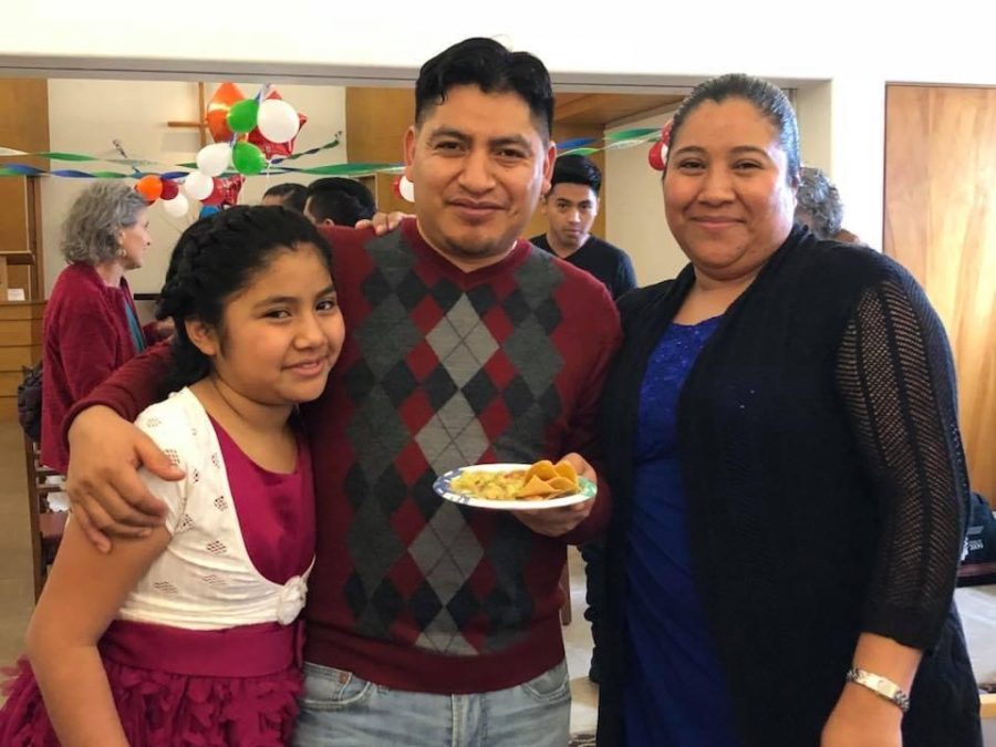 Lucio Perez, with his daughter Lucy and his wife Dora, at a birthday party held for him during his many years of sanctuary inside First Church.
Photo: First Congregational Church